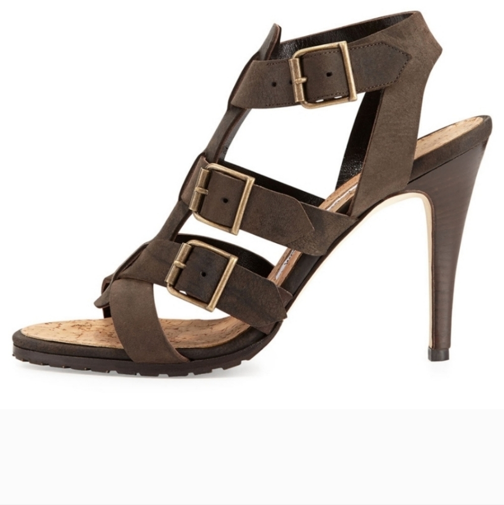 Manolo Blahnik Brown Leather Strappy Buckle Sandals
